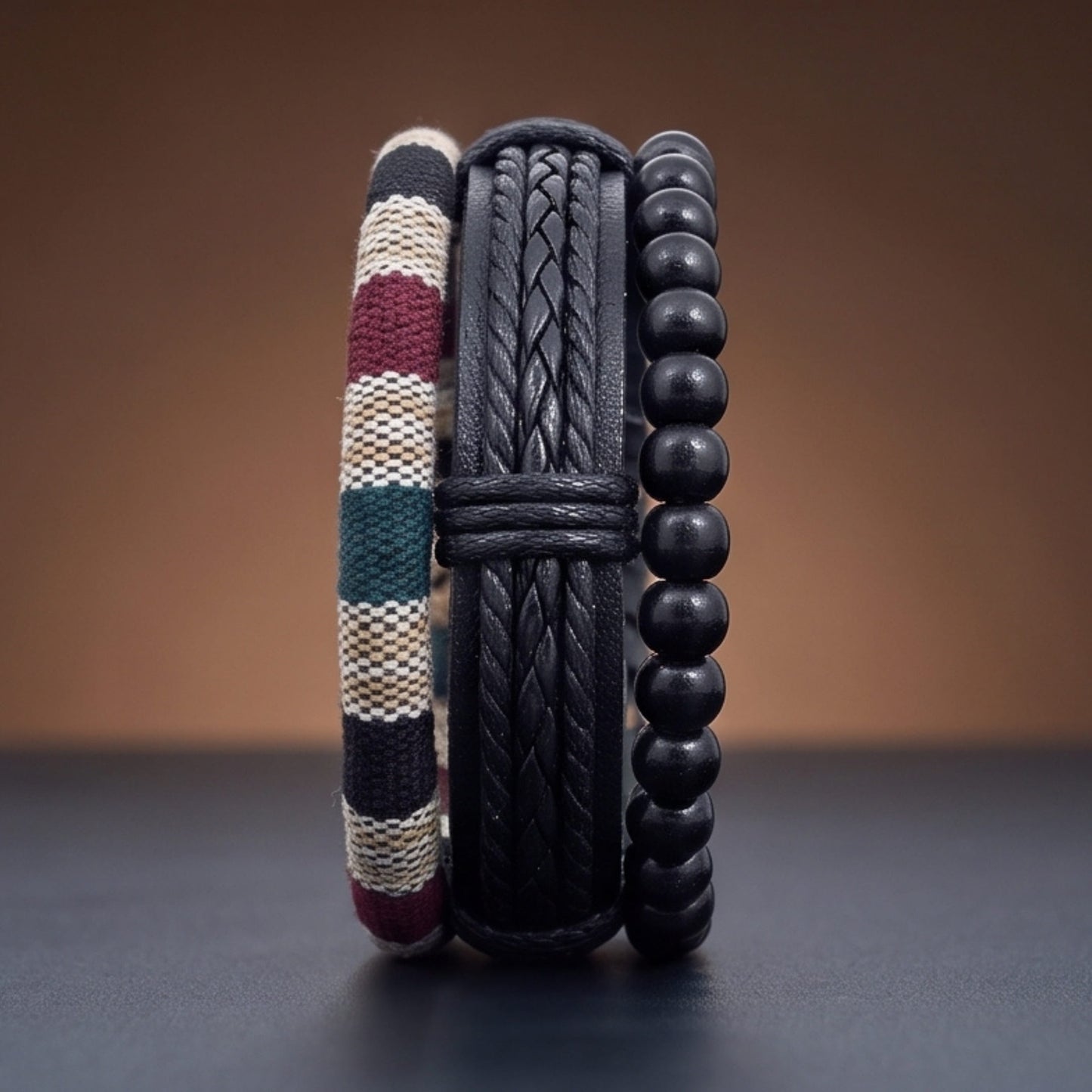 THE MEN THING Leather Bracelet TRIBAL LOOM - 3Pcs Genuine Leather Adjustable Bracelets Set for Men & Boys