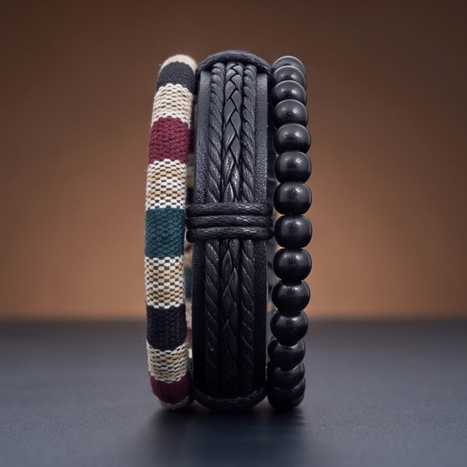 THE MEN THING Leather Bracelet TRIBAL LOOM - 3Pcs Genuine Leather Adjustable Bracelets Set for Men & Boys