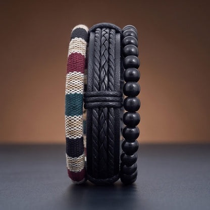 THE MEN THING Leather Bracelet TRIBAL LOOM - 3Pcs Genuine Leather Adjustable Bracelets Set for Men & Boys