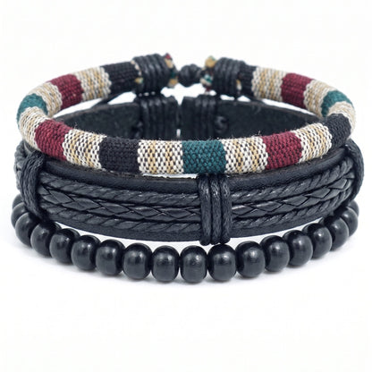 THE MEN THING Leather Bracelet TRIBAL LOOM - 3Pcs Genuine Leather Adjustable Bracelets Set for Men & Boys