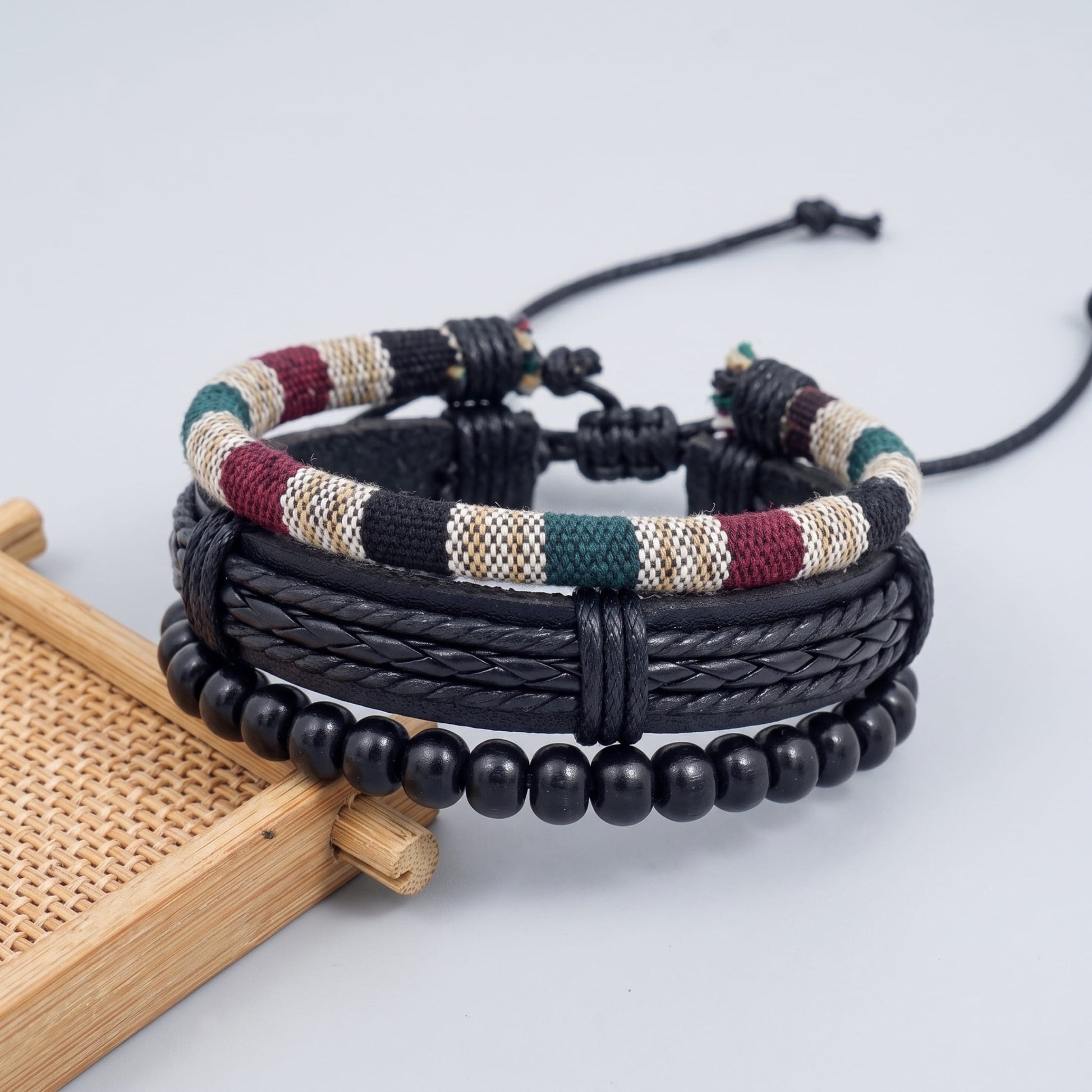 THE MEN THING Leather Bracelet TRIBAL LOOM - 3Pcs Genuine Leather Adjustable Bracelets Set for Men & Boys