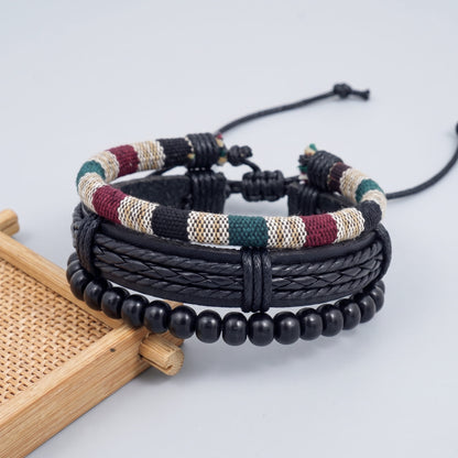 THE MEN THING Leather Bracelet TRIBAL LOOM - 3Pcs Genuine Leather Adjustable Bracelets Set for Men & Boys