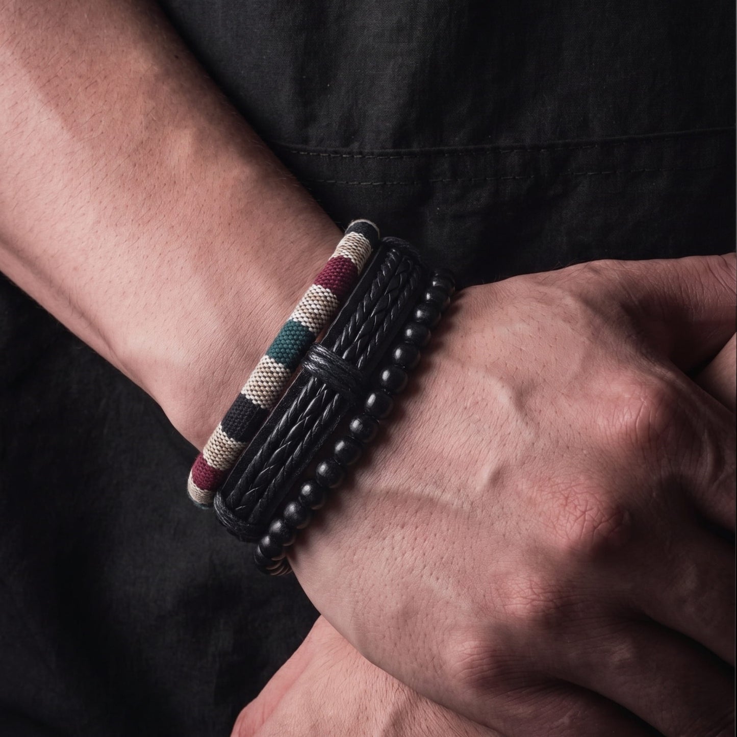 THE MEN THING Leather Bracelet TRIBAL LOOM - 3Pcs Genuine Leather Adjustable Bracelets Set for Men & Boys