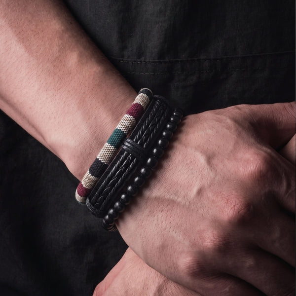 TRIBAL LOOM - 3Pcs Genuine Leather Adjustable Bracelets Set for Men & Boys