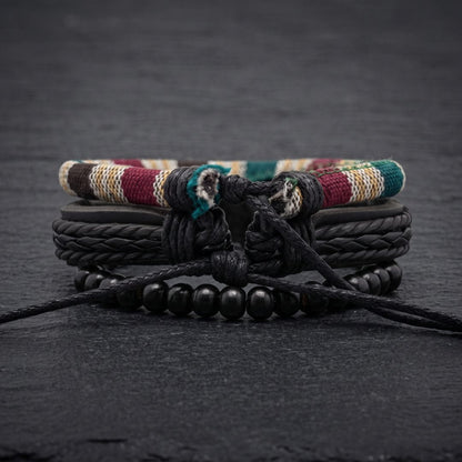 THE MEN THING Leather Bracelet TRIBAL LOOM - 3Pcs Genuine Leather Adjustable Bracelets Set for Men & Boys