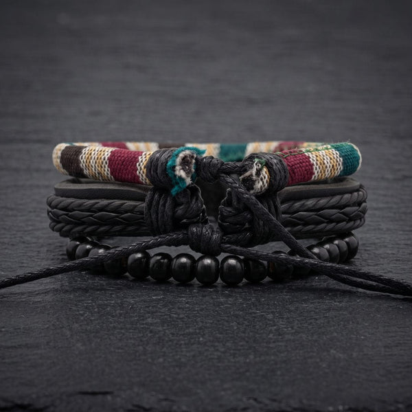 TRIBAL LOOM - 3Pcs Genuine Leather Adjustable Bracelets Set for Men & Boys