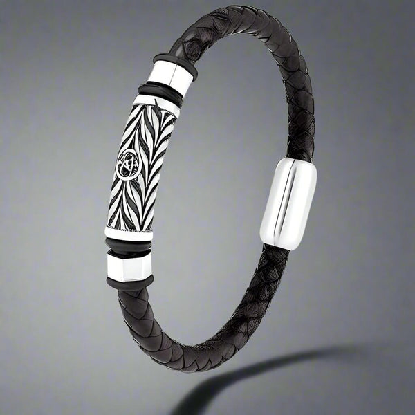 TRINKET BLACK - Woven Black Genuine Leather Bracelet with Stainless Steel Magnetic Buckle for Men & Boy (8 inch)