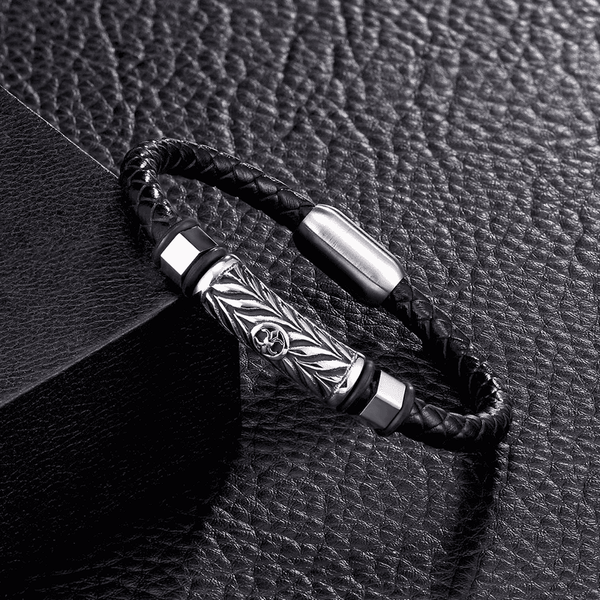 TRINKET BLACK - Woven Black Genuine Leather Bracelet with Stainless Steel Magnetic Buckle for Men & Boy (8 inch)