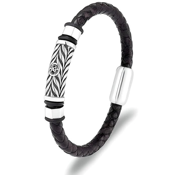 TRINKET BLACK - Woven Black Genuine Leather Bracelet with Stainless Steel Magnetic Buckle for Men & Boy (8 inch)