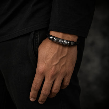 THE MEN THING Leather Bracelet TRINKET BLACK - Woven Black Genuine Leather Bracelet with Stainless Steel Magnetic Buckle for Men & Boy (8 inch)