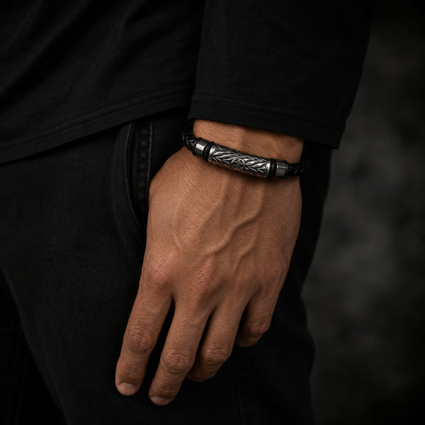 TRINKET BLACK - Woven Black Genuine Leather Bracelet with Stainless Steel Magnetic Buckle for Men & Boy (8 inch)