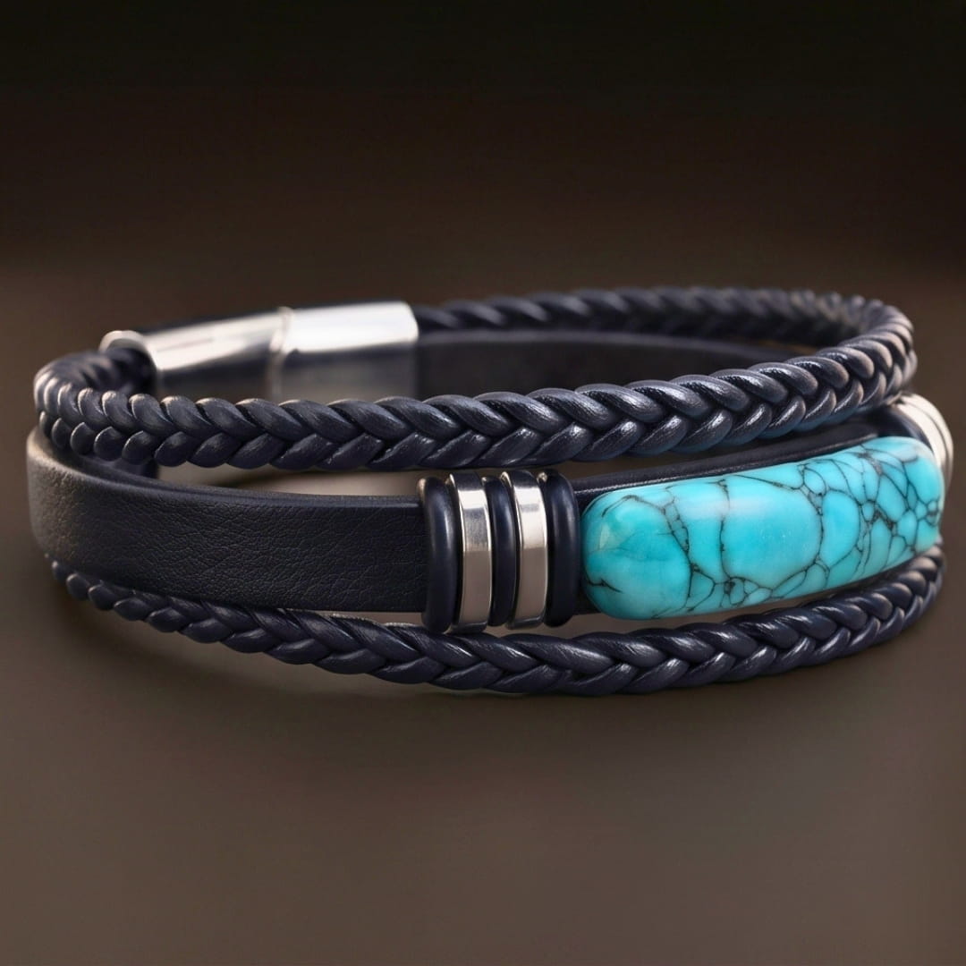 THE MEN THING Leather Bracelet TURQUOISE HOWLITE CORE - 23mm Genuine Leather Multi-Layer Bracelet with Stainless Steel Magnetic Buckle for Men & Boys (8 inch)