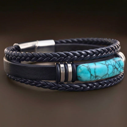 THE MEN THING Leather Bracelet TURQUOISE HOWLITE CORE - 23mm Genuine Leather Multi-Layer Bracelet with Stainless Steel Magnetic Buckle for Men & Boys (8 inch)