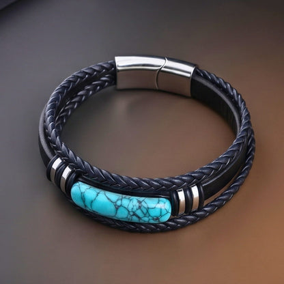 THE MEN THING Leather Bracelet TURQUOISE HOWLITE CORE - 23mm Genuine Leather Multi-Layer Bracelet with Stainless Steel Magnetic Buckle for Men & Boys (8 inch)