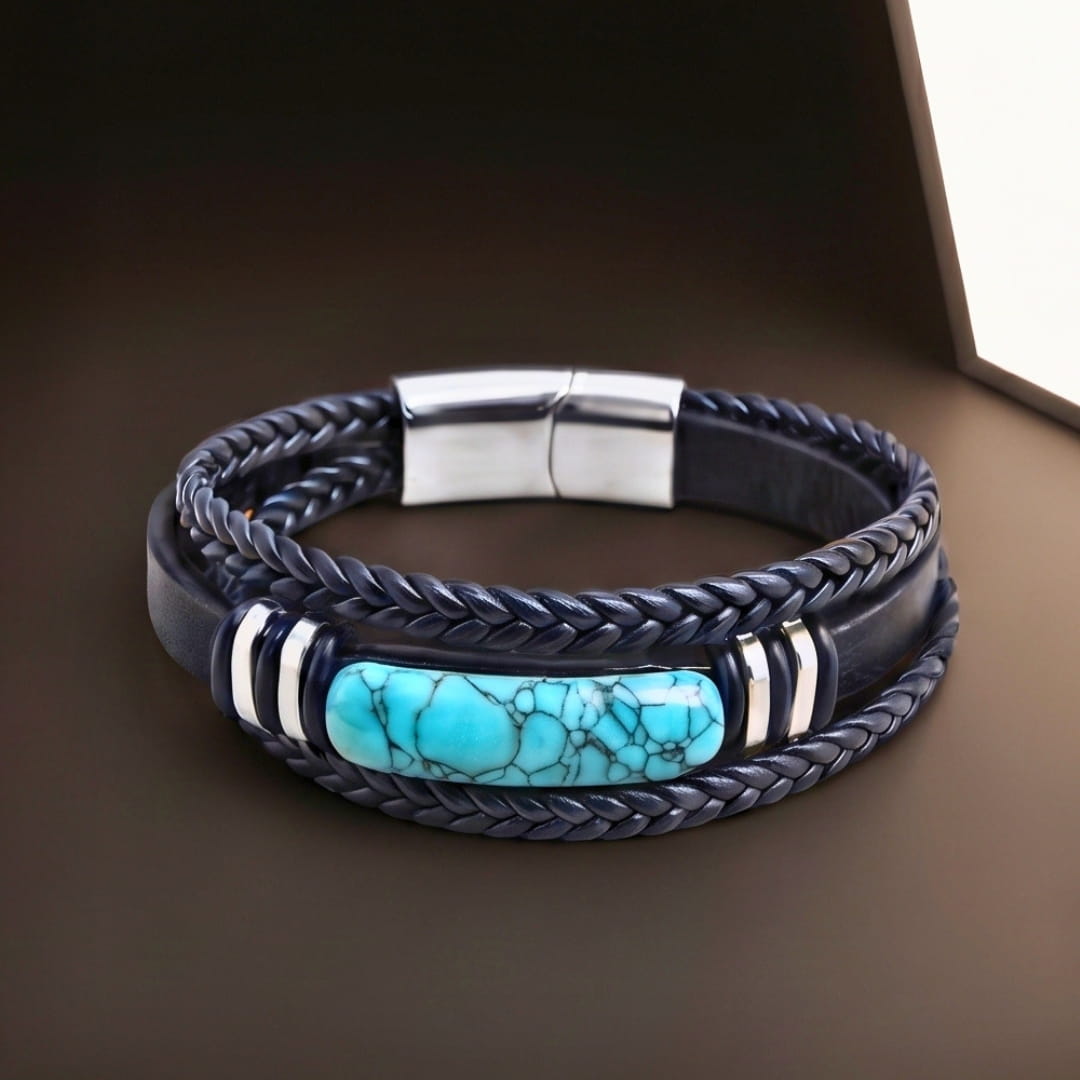 THE MEN THING Leather Bracelet TURQUOISE HOWLITE CORE - 23mm Genuine Leather Multi-Layer Bracelet with Stainless Steel Magnetic Buckle for Men & Boys (8 inch)