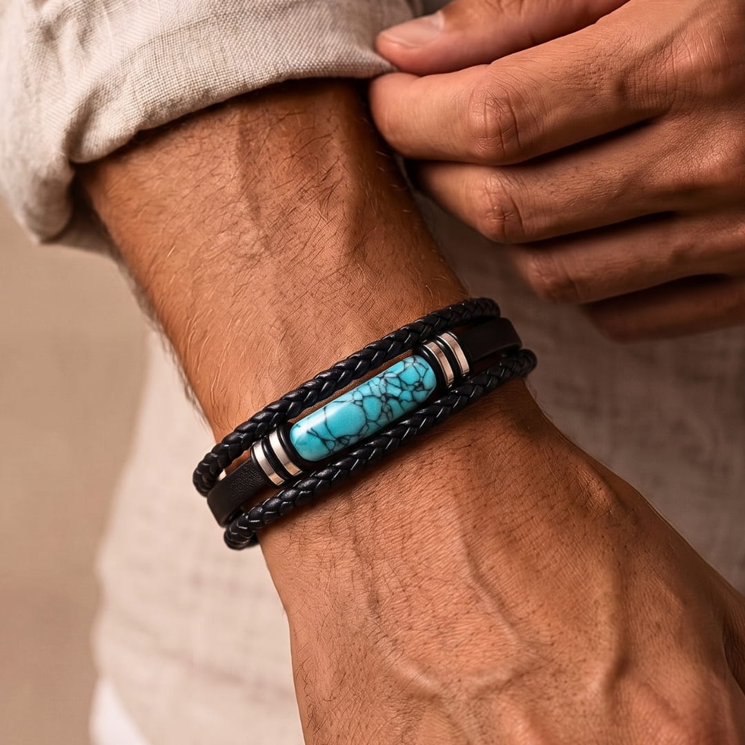 THE MEN THING Leather Bracelet TURQUOISE HOWLITE CORE - 23mm Genuine Leather Multi-Layer Bracelet with Stainless Steel Magnetic Buckle for Men & Boys (8 inch)