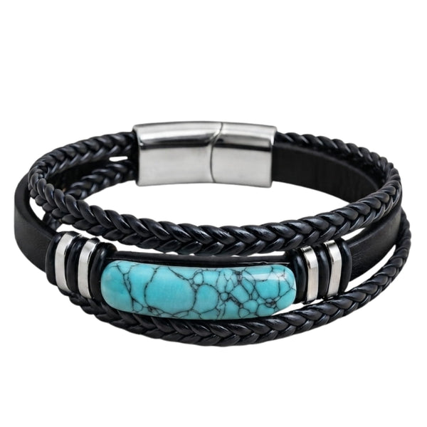 TURQUOISE HOWLITE CORE - 23mm Genuine Leather Multi-Layer Bracelet with Stainless Steel Magnetic Buckle for Men & Boys (8 inch)