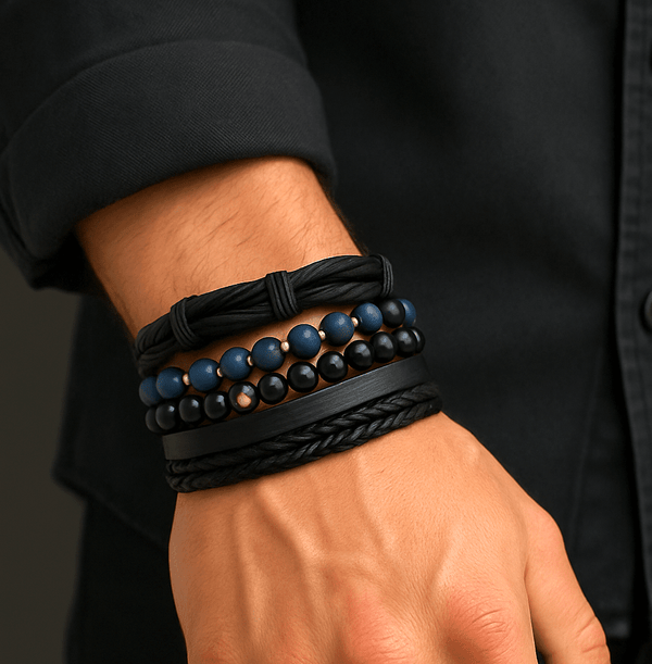 TWILIGHT FORGE - 4 Pcs Genuine Braided Leather Bracelet Set for Men & Boys (8 inch)