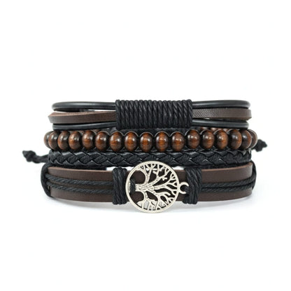 THE MEN THING Leather Bracelet TWILIGHT LIFETREE - 4 Pcs Genuine Leather Adjustable Bracelet Set for Men & Boys (8 inch)
