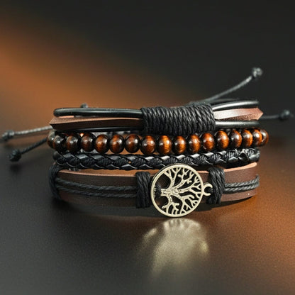 THE MEN THING Leather Bracelet TWILIGHT LIFETREE - 4 Pcs Genuine Leather Adjustable Bracelet Set for Men & Boys (8 inch)