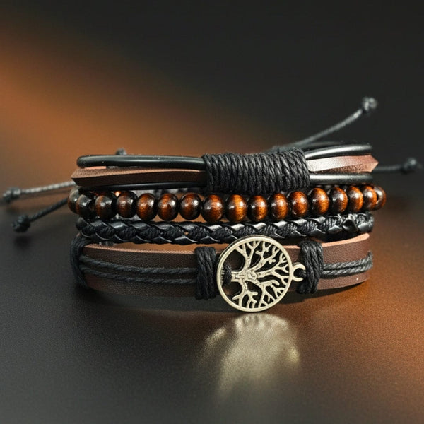 TWILIGHT LIFETREE - 4 Pcs Genuine Leather Adjustable Bracelet Set for Men & Boys (8 inch)