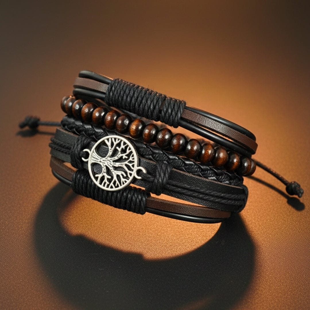 THE MEN THING Leather Bracelet TWILIGHT LIFETREE - 4 Pcs Genuine Leather Adjustable Bracelet Set for Men & Boys (8 inch)