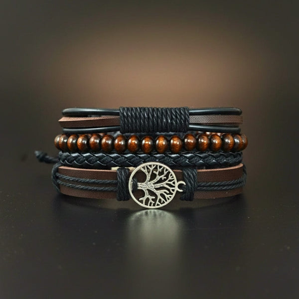 TWILIGHT LIFETREE - 4 Pcs Genuine Leather Adjustable Bracelet Set for Men & Boys (8 inch)