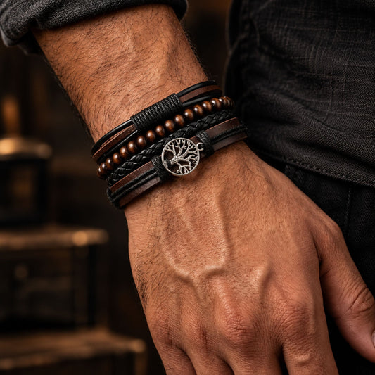 THE MEN THING Leather Bracelet TWILIGHT LIFETREE - 4 Pcs Genuine Leather Adjustable Bracelet Set for Men & Boys (8 inch)