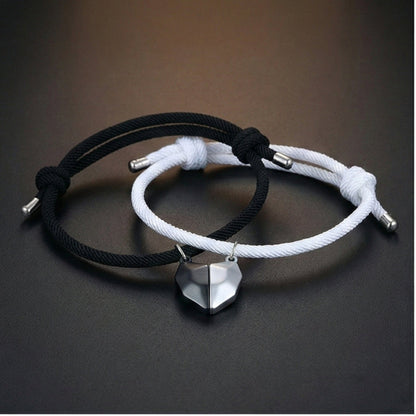 THE MEN THING Leather Bracelet TWIN HEART LINK - Bracelet with Heart Charm for Men and Women Adjustable Couples Rope Bracelet