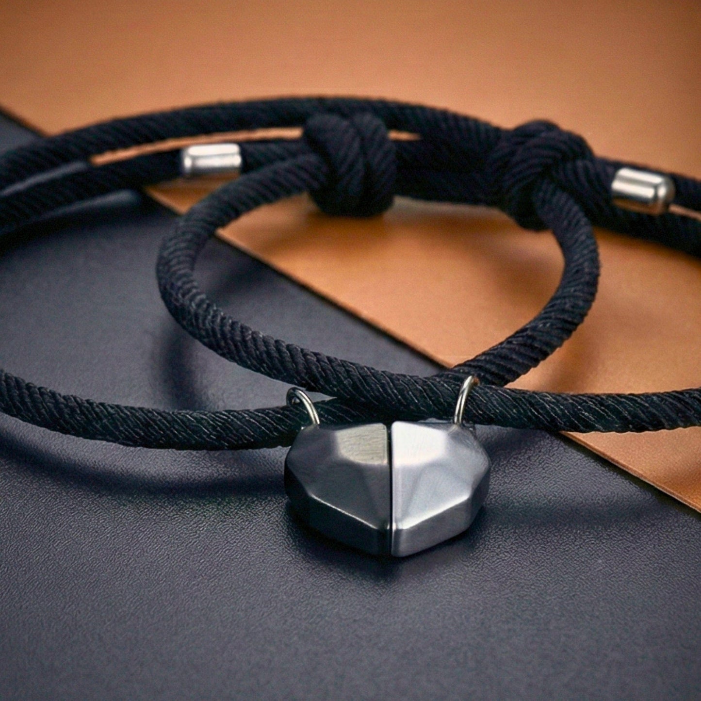 THE MEN THING Leather Bracelet TWIN HEART LINK - Bracelet with Heart Charm for Men and Women Adjustable Couples Rope Bracelet