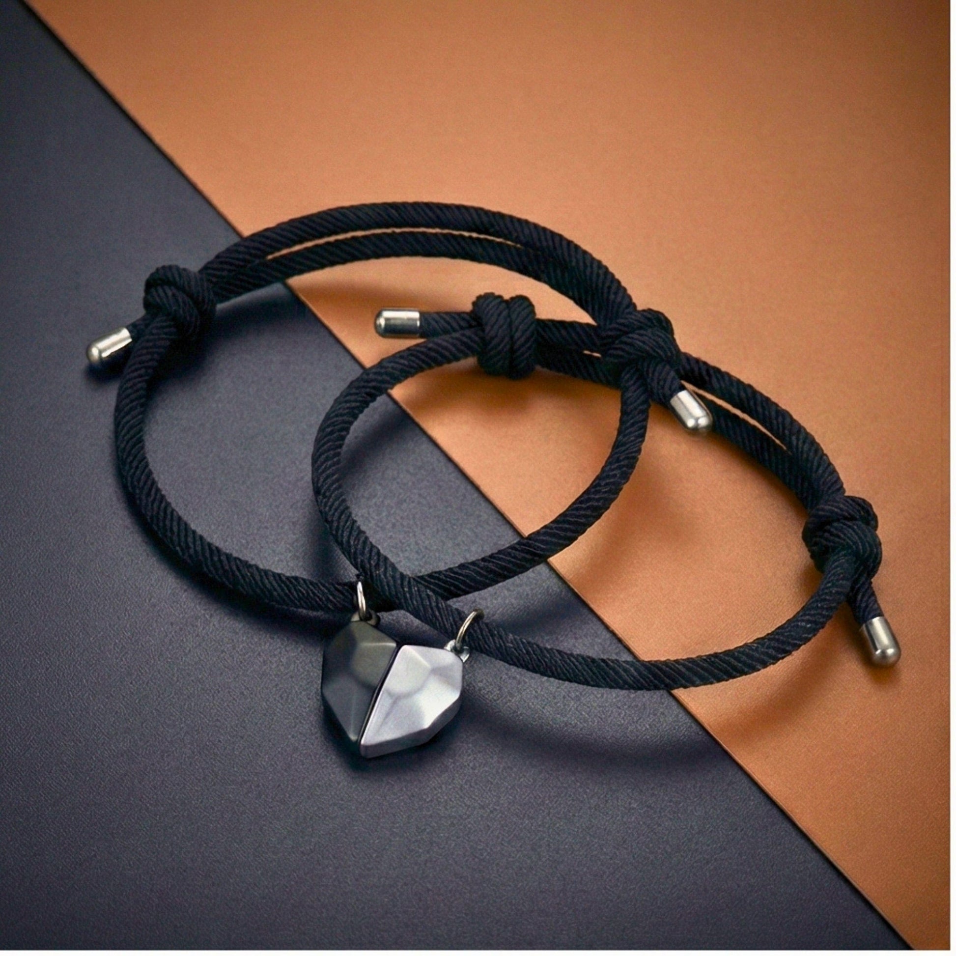 THE MEN THING Leather Bracelet TWIN HEART LINK - Bracelet with Heart Charm for Men and Women Adjustable Couples Rope Bracelet