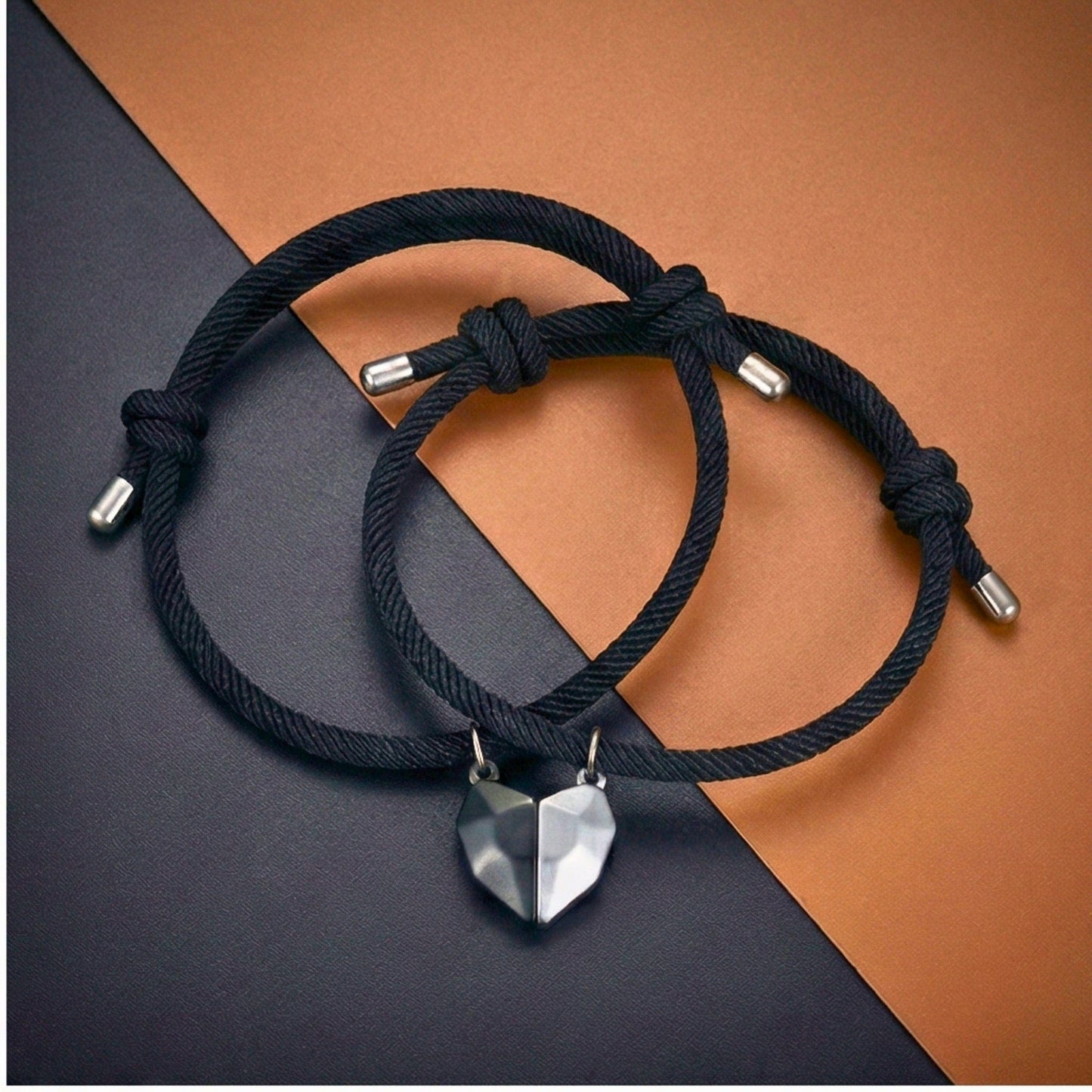 THE MEN THING Leather Bracelet TWIN HEART LINK - Bracelet with Heart Charm for Men and Women Adjustable Couples Rope Bracelet