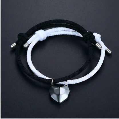 THE MEN THING Leather Bracelet TWIN HEART LINK - Bracelet with Heart Charm for Men and Women Adjustable Couples Rope Bracelet