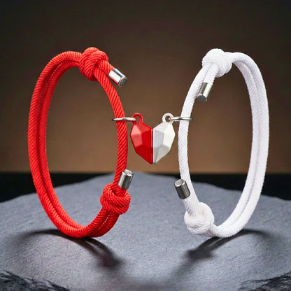 THE MEN THING Leather Bracelet TWIN HEART LINK - Bracelet with Heart Charm for Men and Women Adjustable Couples Rope Bracelet