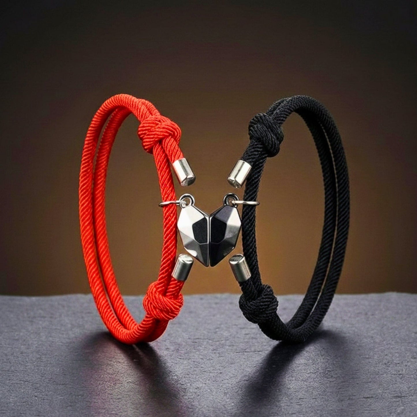 THE MEN THING Leather Bracelet TWIN HEART LINK - Bracelet with Heart Charm for Men and Women Adjustable Couples Rope Bracelet