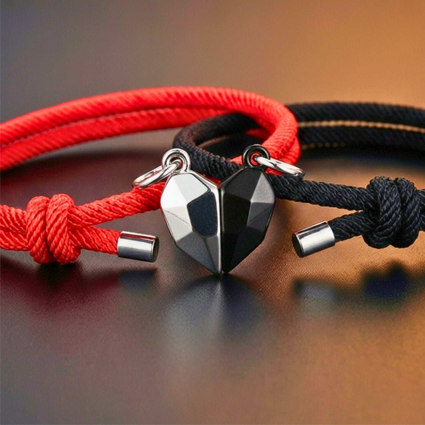 THE MEN THING Leather Bracelet TWIN HEART LINK - Bracelet with Heart Charm for Men and Women Adjustable Couples Rope Bracelet
