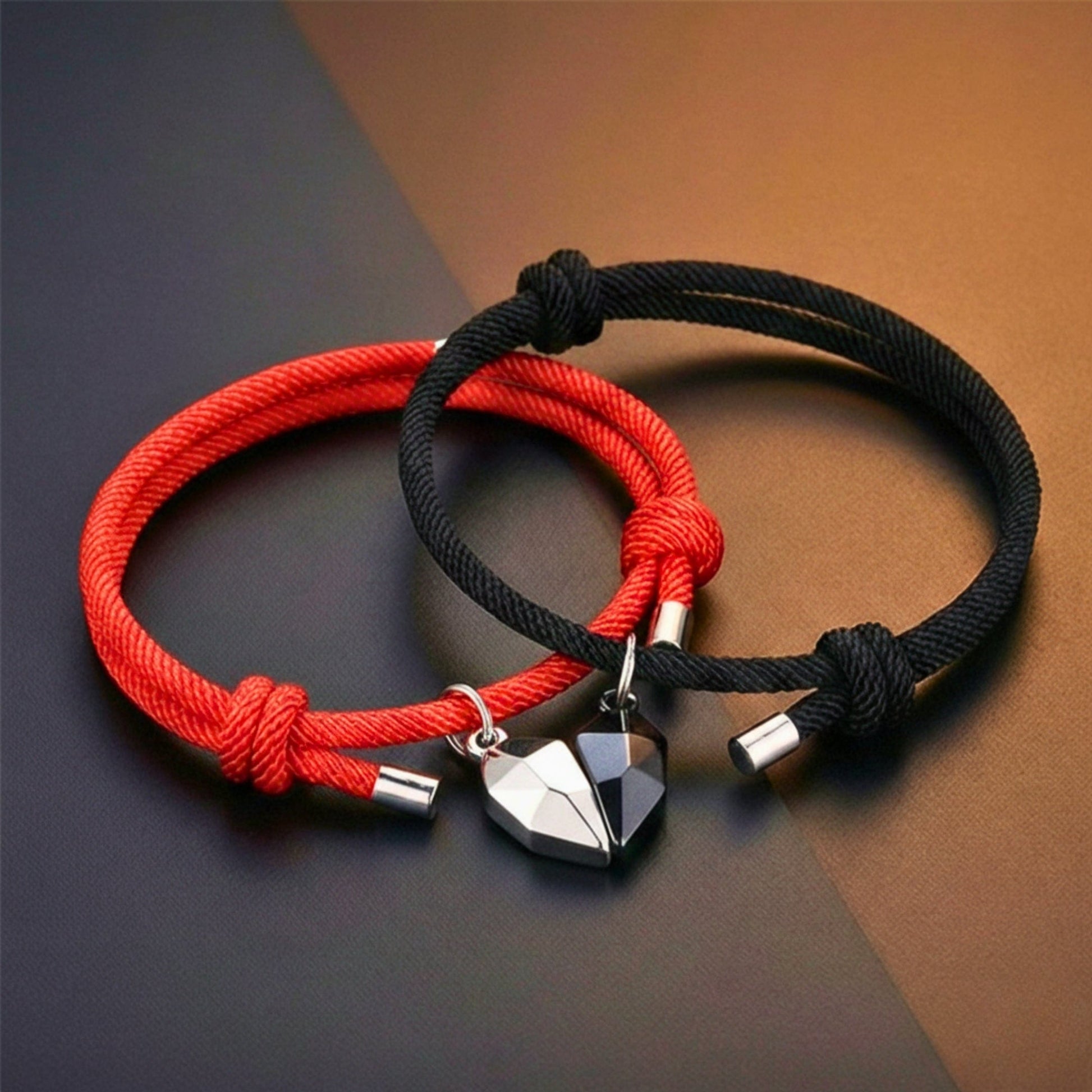 THE MEN THING Leather Bracelet TWIN HEART LINK - Bracelet with Heart Charm for Men and Women Adjustable Couples Rope Bracelet