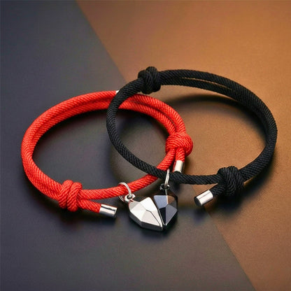 THE MEN THING Leather Bracelet TWIN HEART LINK - Bracelet with Heart Charm for Men and Women Adjustable Couples Rope Bracelet