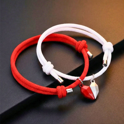 THE MEN THING Leather Bracelet TWIN HEART LINK - Bracelet with Heart Charm for Men and Women Adjustable Couples Rope Bracelet