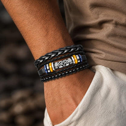 THE MEN THING Leather Bracelet TWIN RAM BLACK - 3Pcs Genuine Leather Adjustable Bracelets Set for Men & Boys (8 inch)