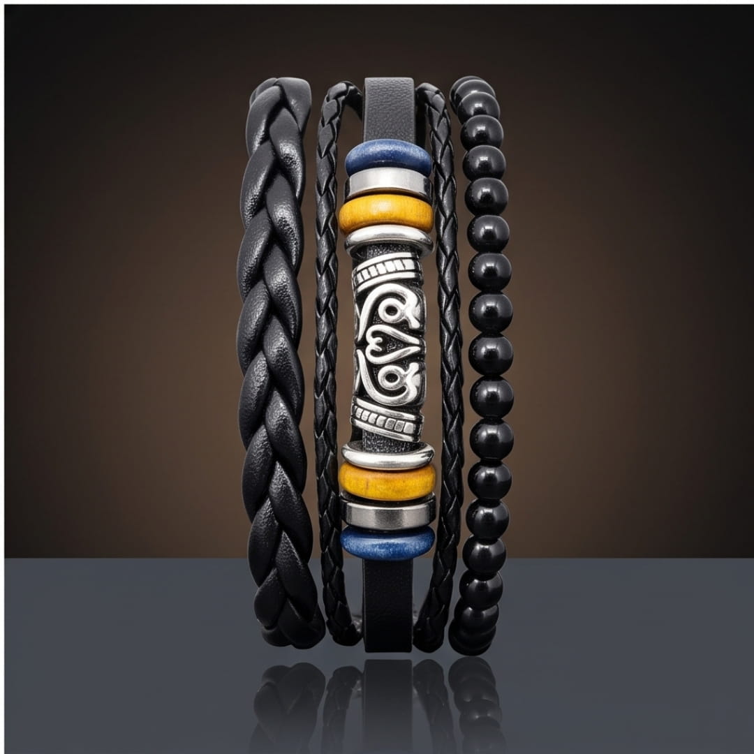 THE MEN THING Leather Bracelet TWIN RAM BLACK - 3Pcs Genuine Leather Adjustable Bracelets Set for Men & Boys (8 inch)