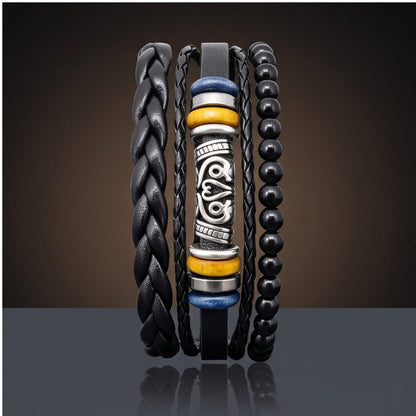 THE MEN THING Leather Bracelet TWIN RAM BLACK - 3Pcs Genuine Leather Adjustable Bracelets Set for Men & Boys (8 inch)