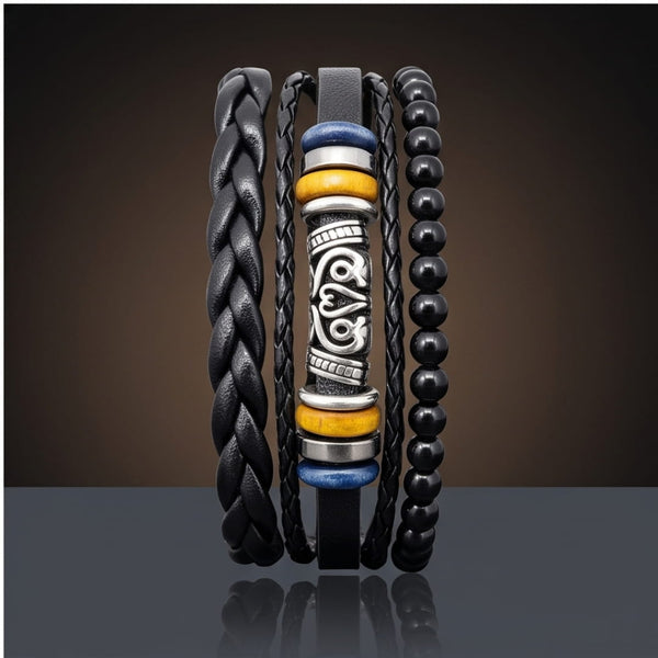 TWIN RAM BLACK - 3Pcs Genuine Leather Adjustable Bracelets Set for Men & Boys (8 inch)