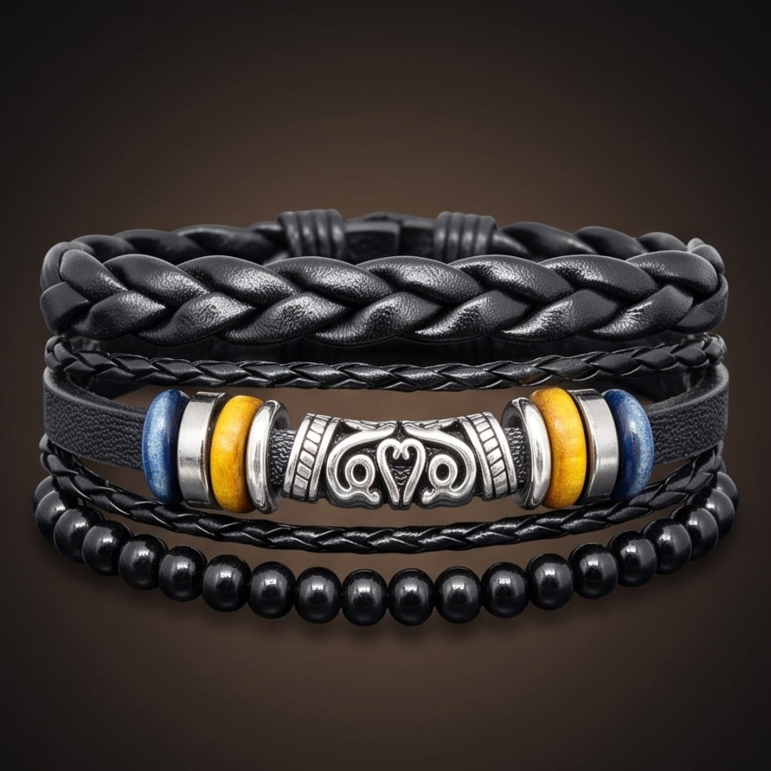 THE MEN THING Leather Bracelet TWIN RAM BLACK - 3Pcs Genuine Leather Adjustable Bracelets Set for Men & Boys (8 inch)