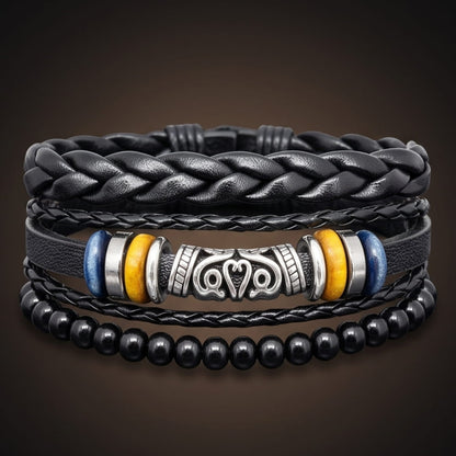 THE MEN THING Leather Bracelet TWIN RAM BLACK - 3Pcs Genuine Leather Adjustable Bracelets Set for Men & Boys (8 inch)