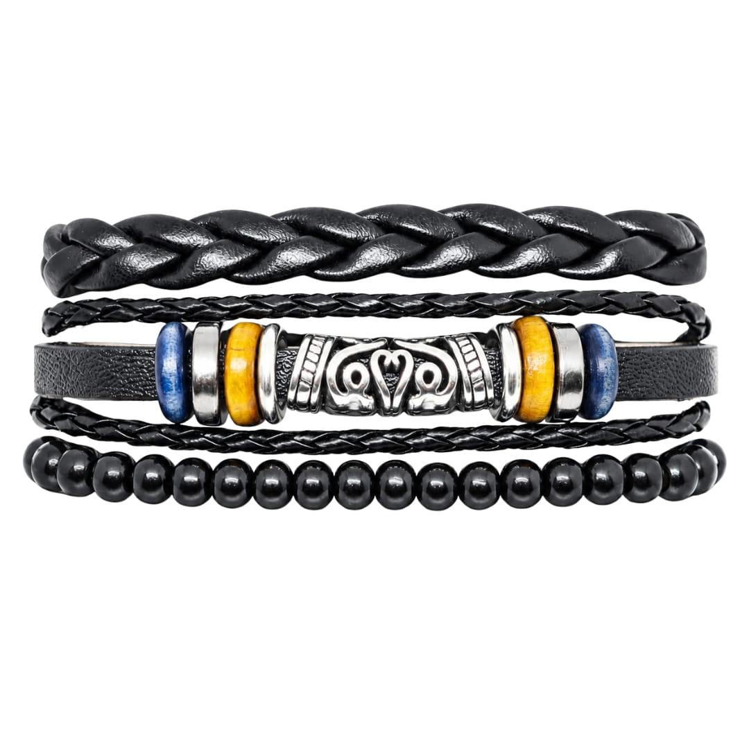 THE MEN THING Leather Bracelet TWIN RAM BLACK - 3Pcs Genuine Leather Adjustable Bracelets Set for Men & Boys (8 inch)
