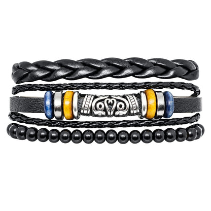 THE MEN THING Leather Bracelet TWIN RAM BLACK - 3Pcs Genuine Leather Adjustable Bracelets Set for Men & Boys (8 inch)