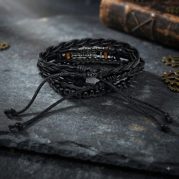 TWIN RAM BLACK - 3Pcs Genuine Leather Adjustable Bracelets Set for Men & Boys (8 inch)