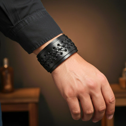 THE MEN THING Leather Bracelet TWIST ARMOR - 45mm Black Genuine Leather Adjustable Bracelet for Men & Boys (7-7.8-8.4 inch)