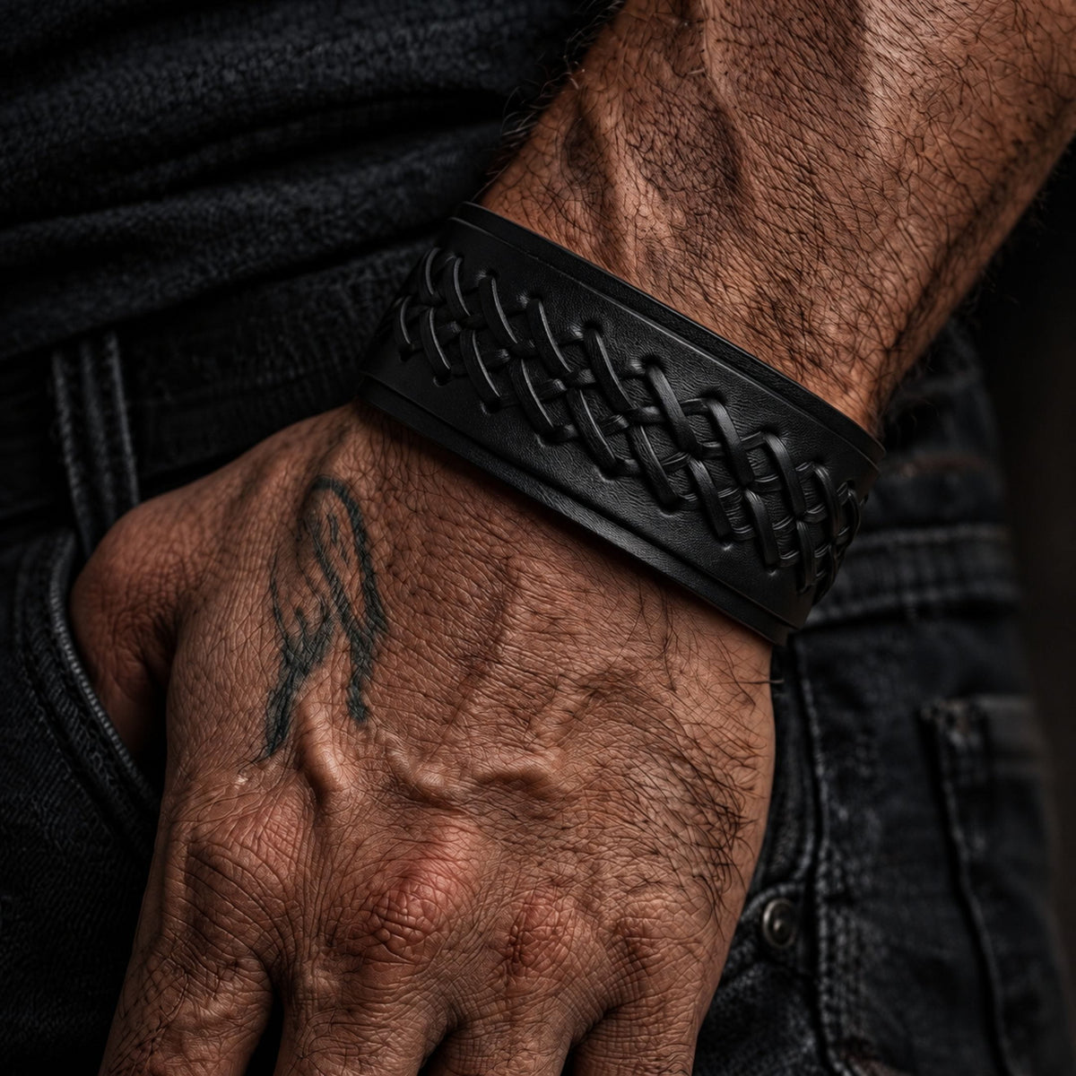 THE MEN THING Leather Bracelet TWIST ARMOR - 45mm Black Genuine Leather Adjustable Bracelet for Men & Boys (7-7.8-8.4 inch)